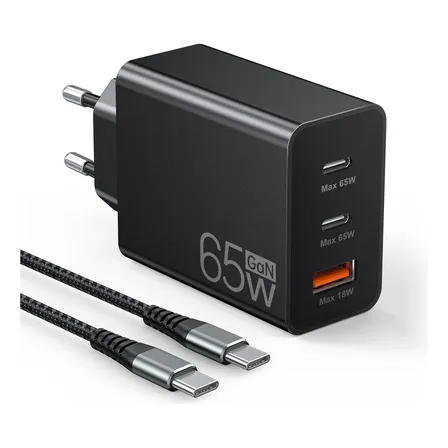 Carregador Turbo 65w Gan 3 Portas Usb-c + Cabo Tipo C Preto Preto