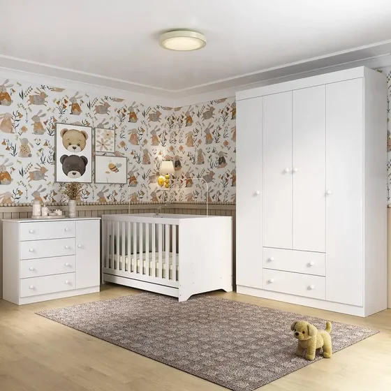Quarto de Bebê Completo com Berço Americano 3 em 1 p/Colchão 130x70cm Encanto Multimóveis MP4581 Branco