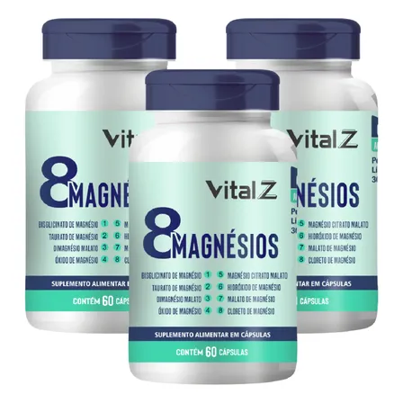 Kit 3x 8 Magnésios 180 Cápsulas | Vital Z | Alta Absorção Neutro