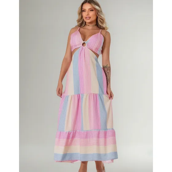 Vestido Longo Decotado De Argola Colorido