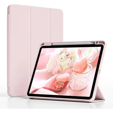Capa iPad 11 A16 com Caneta Case A3354 A3355 A3356 - Rosa Translúcido Antichoque com Suporte, Capa Dura Leve Fina Ajustável, Acesso Total Botões e Portas