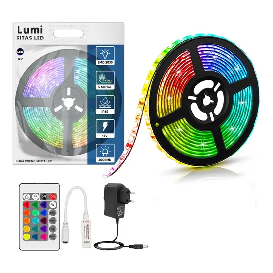 Fita Led Rgb 3528 Rolo 5m Com Fonte 12v 2a E Controle Remoto 127/220V