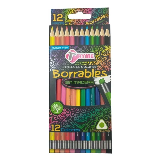Lapices De Colores Borrables Tryme Sin Madera Caja C/12 Pzs
