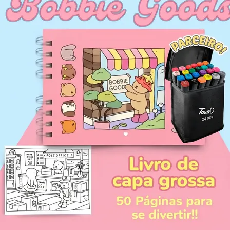 Livro Caderno Bobbie Goods + 24 Canetinhas Colorir Dupla Cor Rosa