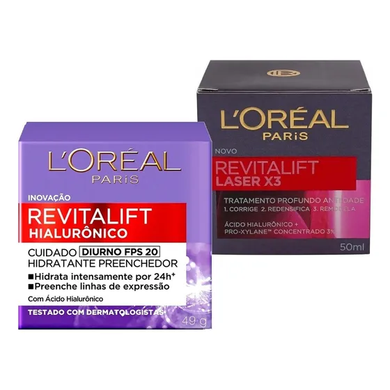 Crema de día hialurónica Loreal Revitalift Laser X3 + Revitalift L'Oréal Paris Day para tipos de piel, 50 ml/50 g, más de 30 años, kit de 2 unidades