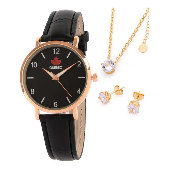 Relógio Feminino De Pulso Quebec QBF1001 Rosé Caixa De Metal Mostrador Preto Pulseira De Couro Preta Ponteiros Branco E Rosé