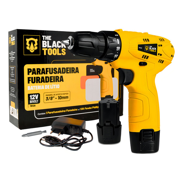 Parafusadeira Furadeira The Black Tools Tb12a 3/8 Bivolt A Bateria 12v Cor Amarelo Frequên... Parafusadeira Furadeira The Black Tools Tb12a 3/8 Bivolt A Bateria 12v Cor Amarelo Frequên...