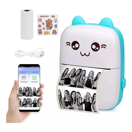 Mini Impresora Portátil A01 SKI Sin Tinta Impresora Térmica Adhesiva con 1 Rollos de Papel Bluetooth Inalámbrico color azul