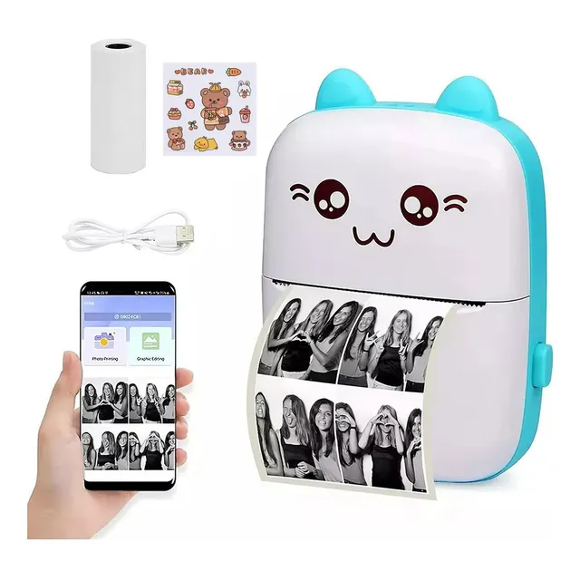 Mini Impresora Portátil A01 SKI Sin Tinta Impresora Térmica Adhesiva con 10 Rollos de Papel Bluetooth Inalámbrico color azul