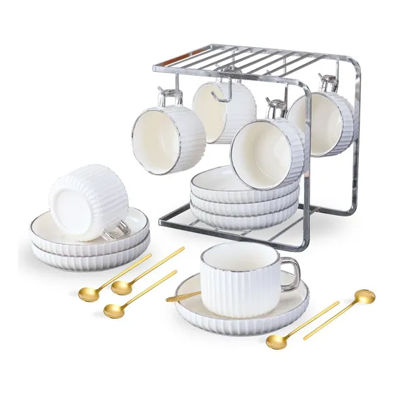 Juego De Té Café Set De Tazas Y Platos Con Soporte Plateado