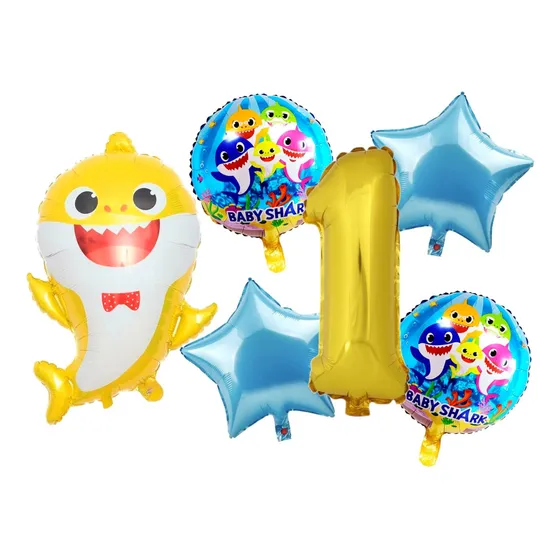 Set De 5 Globos Baby Shark Amarillo + Numero De 70cm