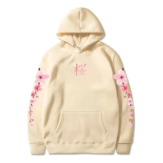Polera Con Capucha Estampado De Flor Japonesa Sakura Colores