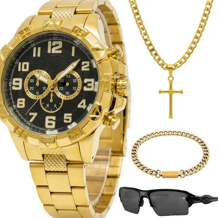Relogio Masculino Banhado + Oculos + Pulseira + Cordao Cruz Dourado Preto