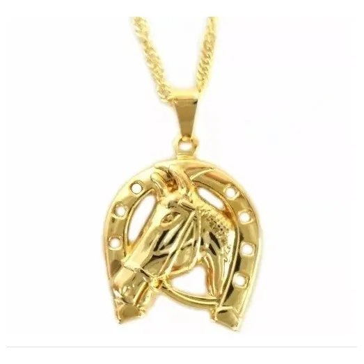 Pingente Cavalo E Ferradura Com Corrente Folheados Ouro 18 K