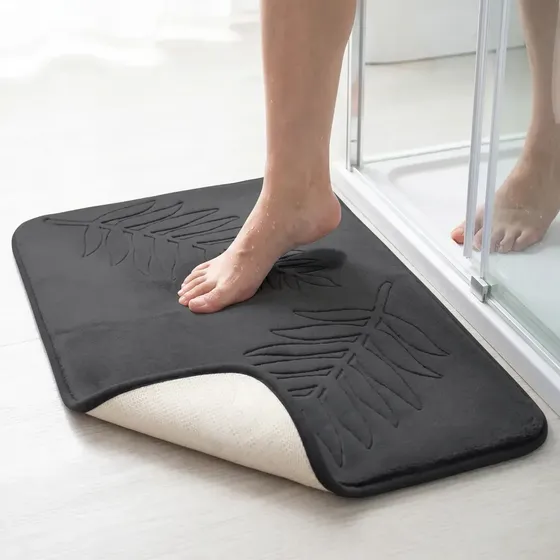 Alfombra De Baño Antideslizante Absorbente Piso Goma Gris Oscuro Hojas