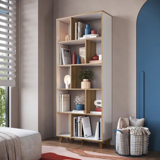 Biblioteca Estanteria Repisa C/ Cubos Nichos - Homeshop Color Blanco C/ Marron Claro