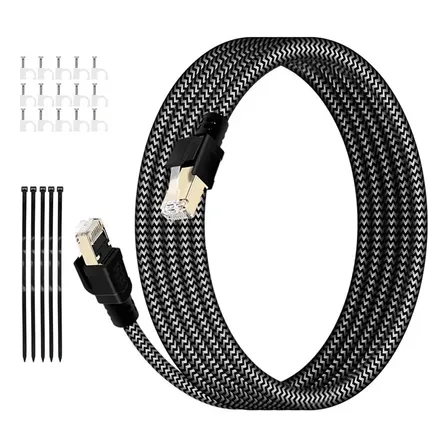 Cabo Ethernet Cat8 15m 2000mhz Nylon Trançado Blindagem Dupla 40gbps Rj45 Banhado A Ouro Para Ps5 Xbox Smart Tv
