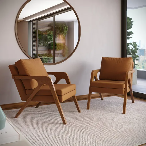 Conjunto 2 Poltronas Mona Decorativa Linho Terracota Para Sala De Estar E Recepção - Minha Loja De Móveis