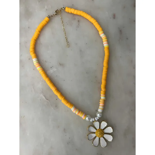 Collar Pucas Amarillo Con Flor Margarita Collares Bisutería