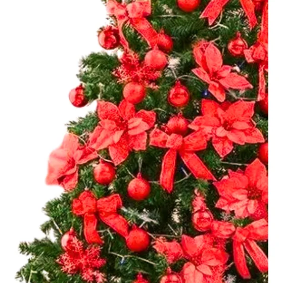 Arbol Navidad Completo Flores, Moñas, Globo -180cm Rojo