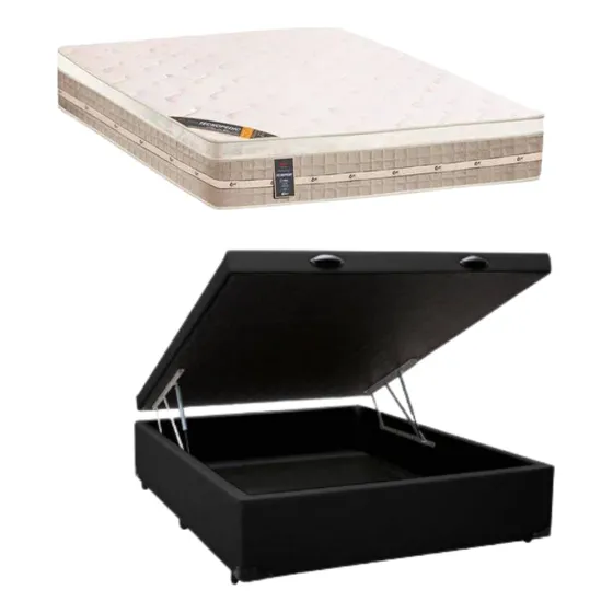 Colchão Castor Casal Medida Especial + Cama Box Baú 120x203 Cor Corino Preto
