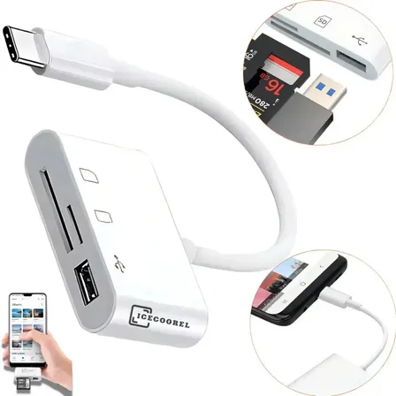 Adaptador Usb Tipo C Leitor De Cartão De Memória 3 Em 1 Usb 3.0 Sd Micro Sd Otg Compatível Com iPhone 15 16 17 Android Samsung Notebook Macbook Velocidade Rápida De Fotos Vídeos Branco Ice Coorel Ic10