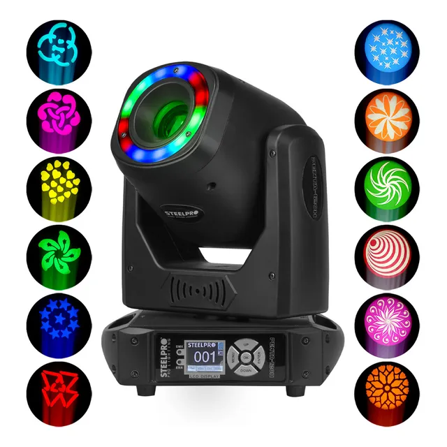 Cabeza Móvil + Aro de luz SMD luz de Escenario DMX Spot 120W Prisma de 5 Caras Gobos Dicroicos y Metálicos Steelpro