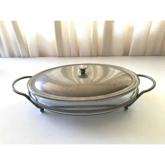 Bandeja Refractaria De Vidrio Con Tapa Y Base Silver Plate