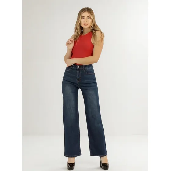 Jeans Palazzo Mujer Tiro Alto Full Elasticado