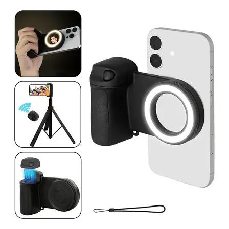 Suporte Magnético Articulado Para Celular iPhone Magsafe Com Luz Led Controle Bluetooth Selfie Vlog Preto