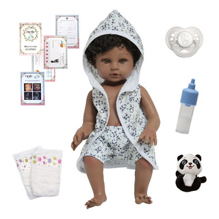 Boneco Reborn Realista Negro Roupão Pandinha + Acessórios Boneco Reborn Realista Negro Roupão Pandinha + Acessórios