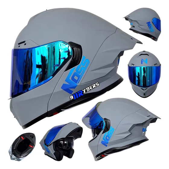 Casco Moto Deportivo Abatible Noss X90 Gris Azul Certificado Gris Solido L