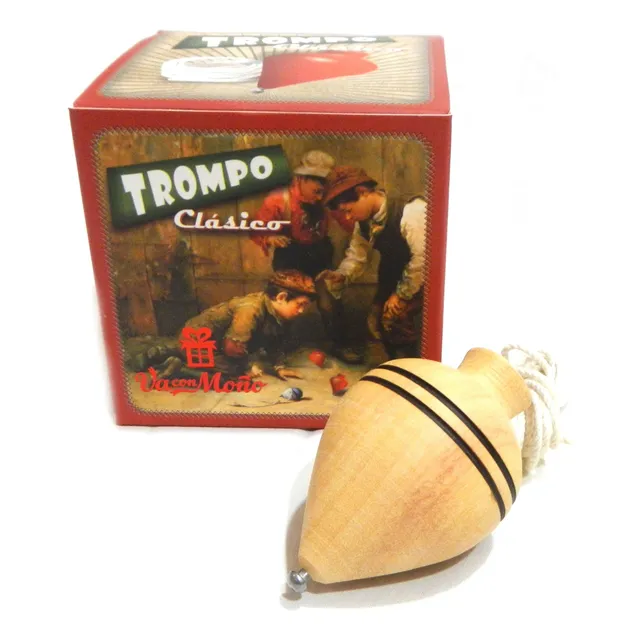Trompo Clasico De Madera Retro Punta Metalica En Caja