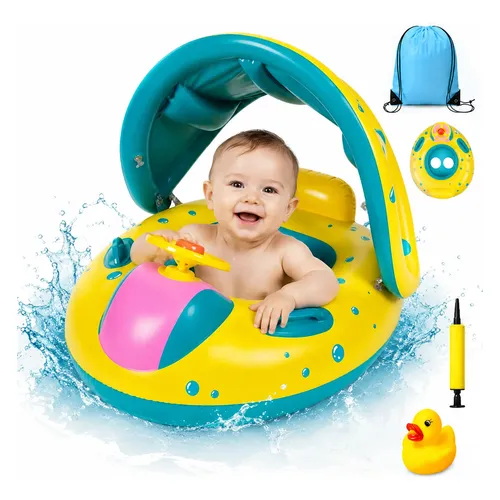 Flotador De Bebé Con Sombrilla UPF50+ – Antivuelco De Doble Cámara, Incluye Volante Y Bocina, Para Niños De 3 A 36 Meses, Protección Solar Ajustable Hasta 120°