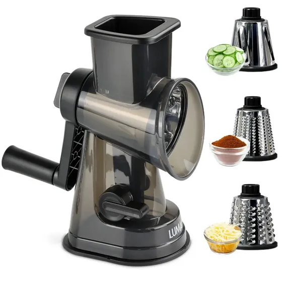 Lumai Ralador Fatiador Cortador De Legumes Queijos Verduras De Cozinha Com Manivela Livre 3 Tubos Inox Para Diferentes Cortes - Base De Fixação Ventosa - Proteção Para Dedos - Qualidade Internacional