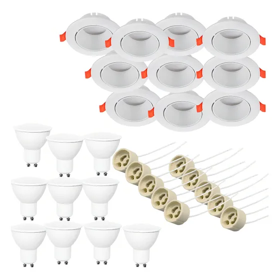 Pack 10 Spot Eco Porta Gu10 Blanco Con Ampolletas 6w Cer Sec Estructura Luz Cálida
