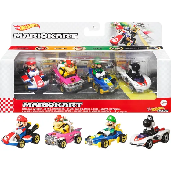 Hot Wheels Mario Kart Set 4 Mario Luigi Bowser Yoshi Black