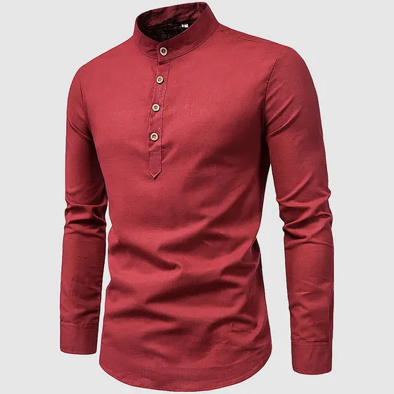 Camisa Slim Fit Cuello Mao Manga Larga Hombre Vestir Casual