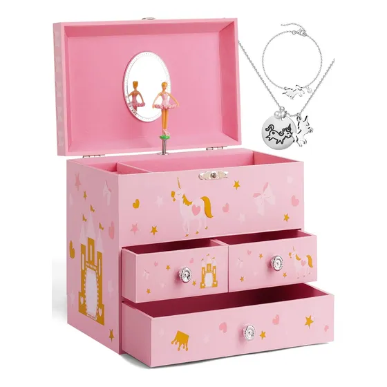 Joyería Musical Para Niñas Con 3 Cajones Y Unicornio, 15 Cm