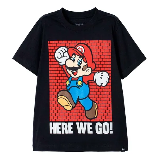 Camiseta De Mario Bros Negra Cuello Redondo Para Niño