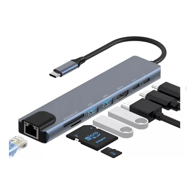 Hub Usb-c 8 En 1 Con Hdmi, Usb Ethernet Lector Tarjetas Memo