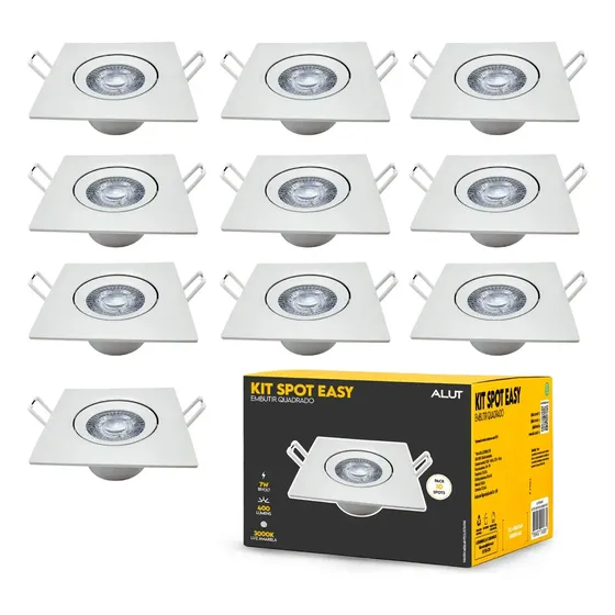 Kit 10 Spot Led Embutir 7w 3000k Branco Quente 110v/220v Bivolt Quadrado Branco Cod: ALUT000601 Alut
