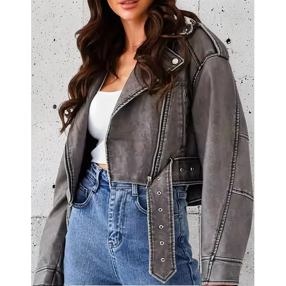 Chaqueta Importada Vitage Gris Gastado Con Cinto