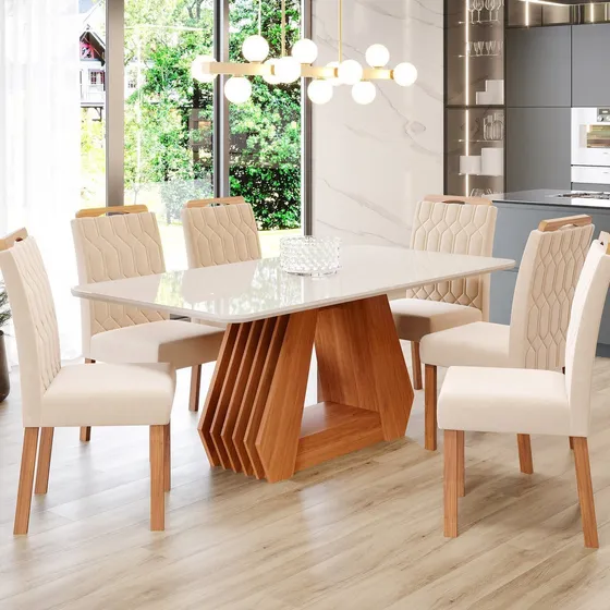 Mesa De Jantar Agata 180 Cm Com 6 Cadeiras Paola Wood Jh