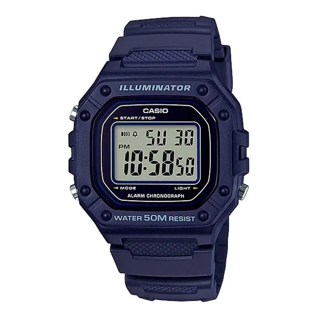 Reloj pulsera Casio Youth W-218H-3AV de cuerpo color azul, digital, para hombre, fondo gris, con correa de resina color azul, dial negro, minutero/segundero negro, bisel color azul, luz ámbar y hebill