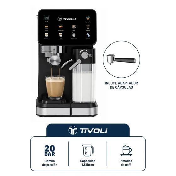 Cafetera Expresso Tivoli con Espumador 1.5L 20Bar 1350W 7 modos de café con adaptador de cápsulas apagado automático