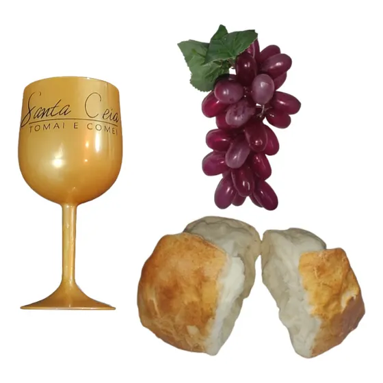 Kit Arranjo Santa Ceia Pão Uva Taça Dourada Igreja Cristã