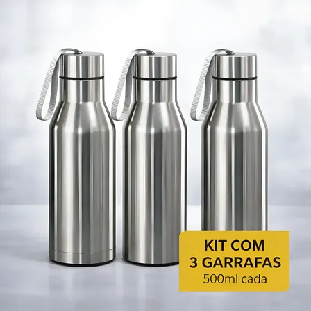 Kit 3 Garrafas Térmicas Inox 500ml Sublimação Prata Com Alça