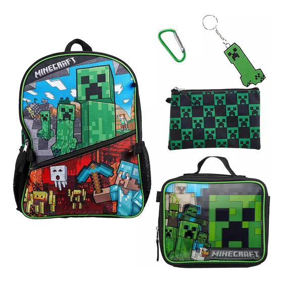 Morral Minecraft Con Lonchera, Cartuchera 3d Y Llavero