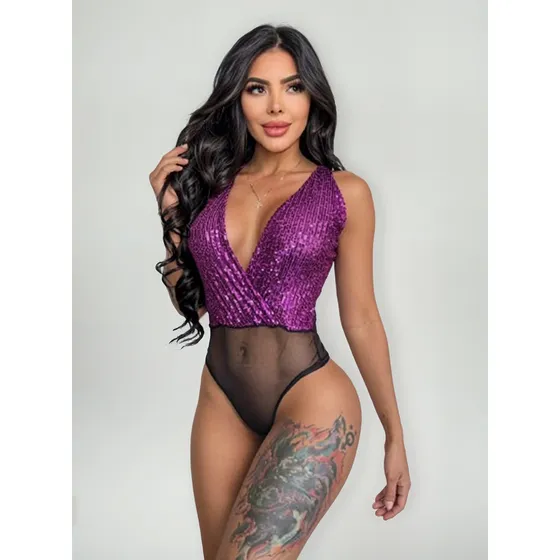 Body Blusa Sin Mangas Brillantes Transparencias Lentejuelas